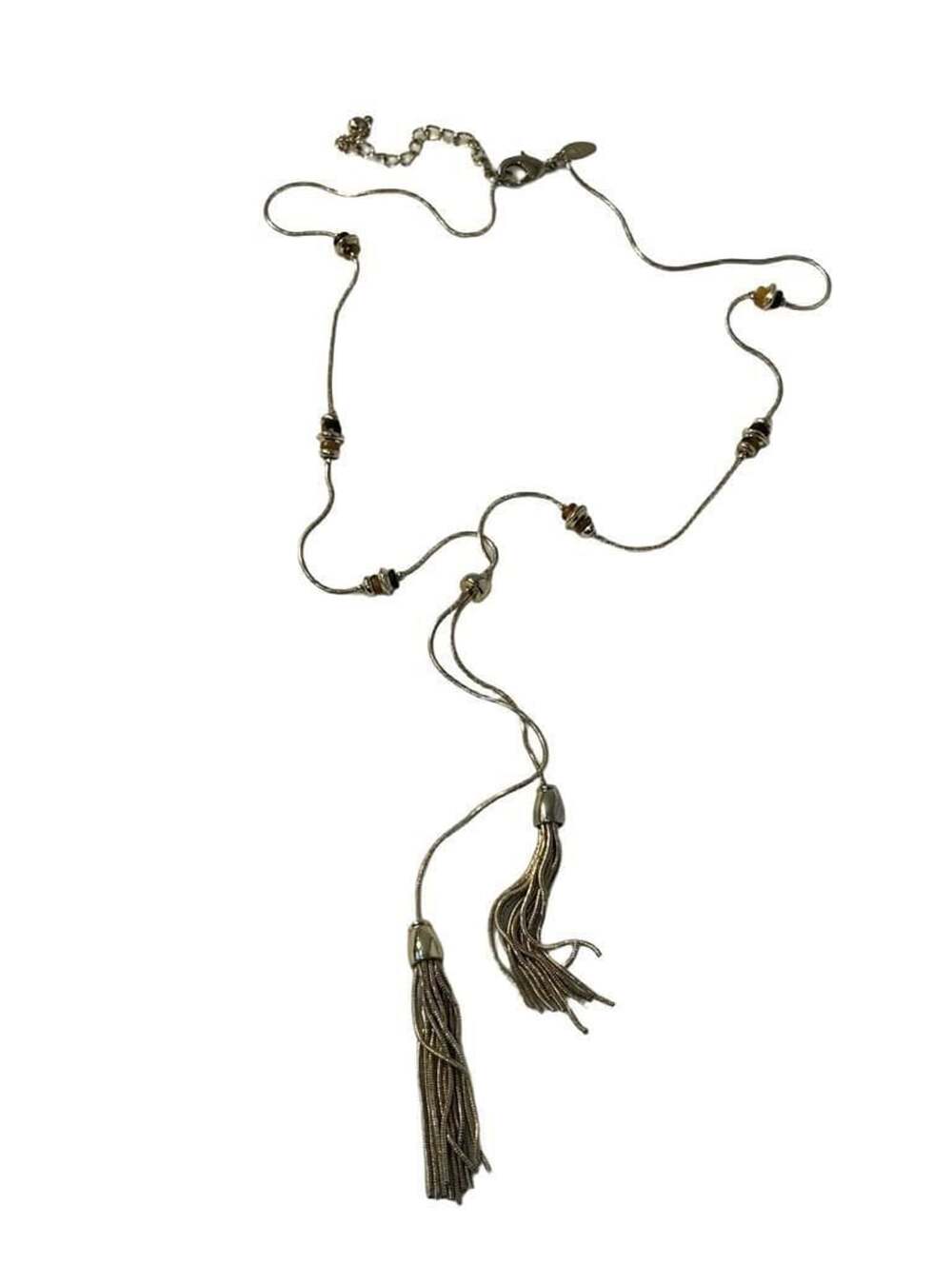 Chico's adjustable gold lariat necklace beads and tassels.